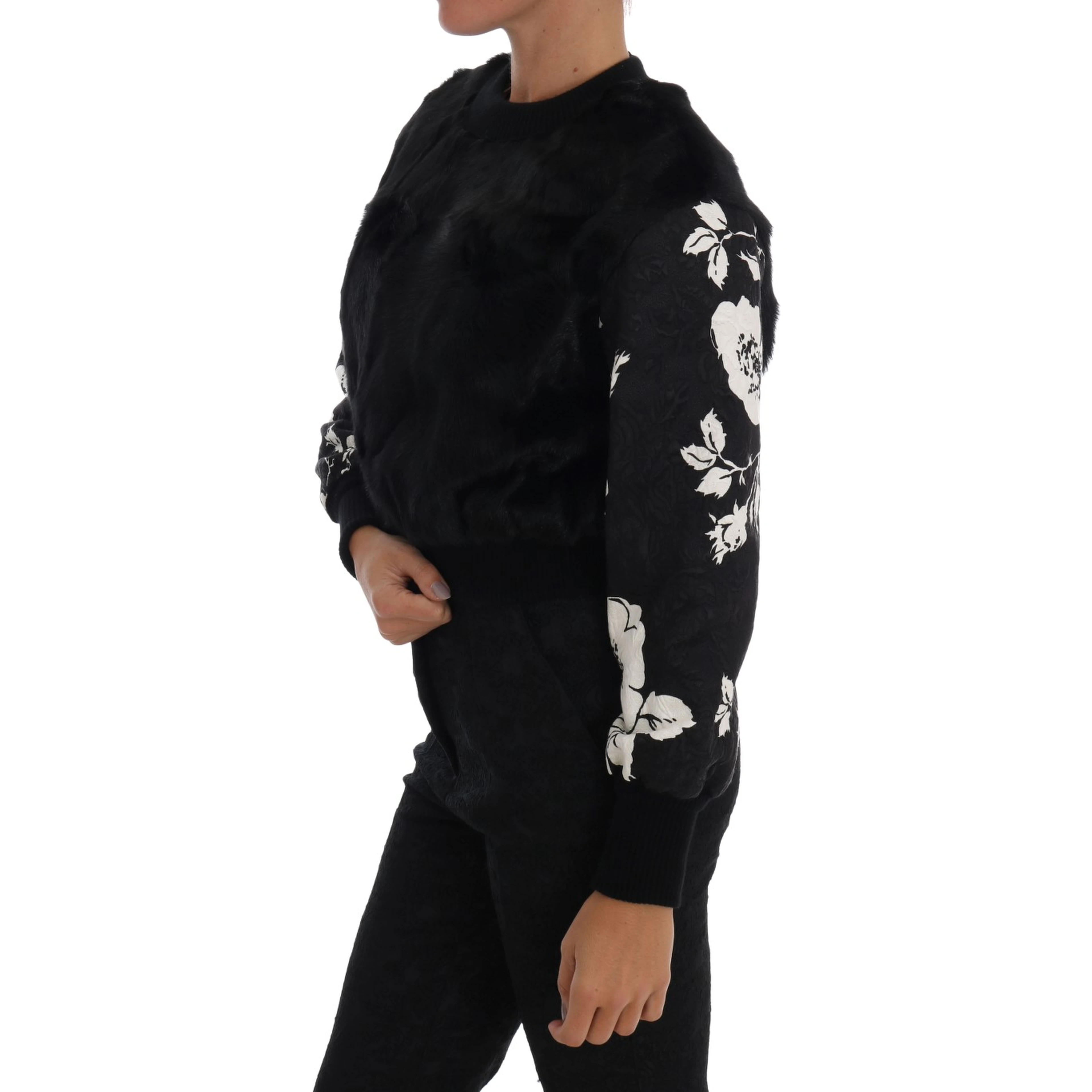 Black Fur Floral Brocade Zipper Sweater