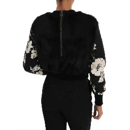 Black Fur Floral Brocade Zipper Sweater