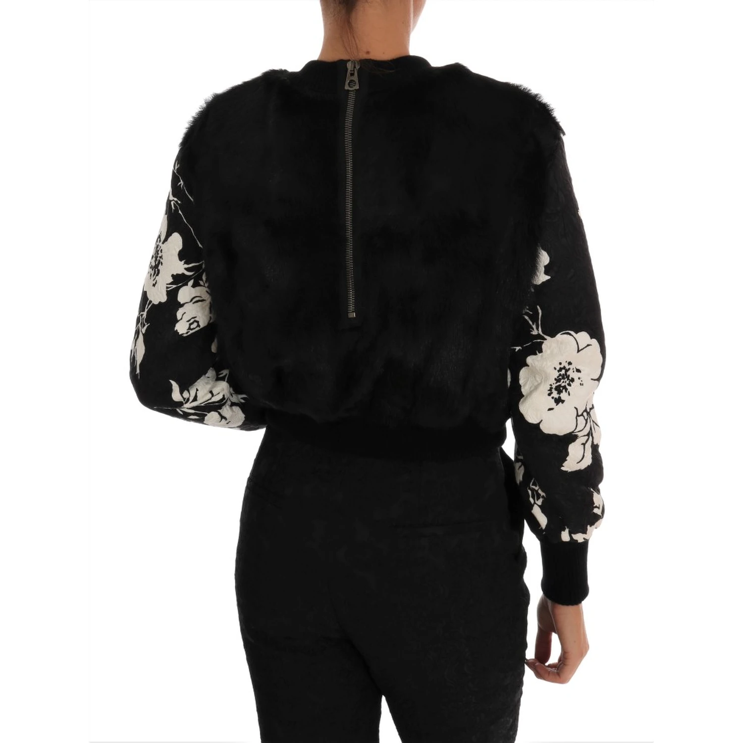 Black Fur Floral Brocade Zipper Sweater
