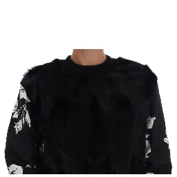 Black Fur Floral Brocade Zipper Sweater