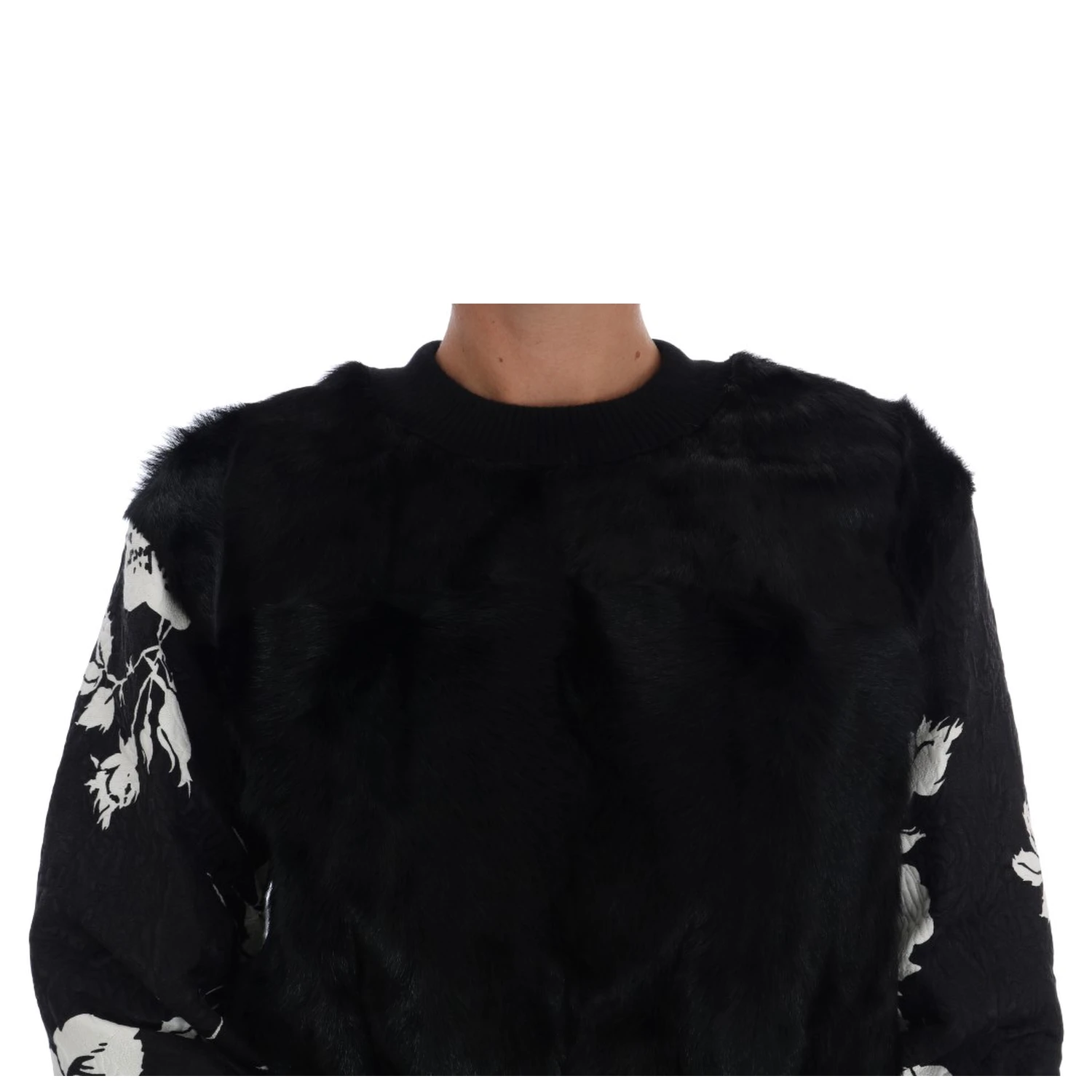 Black Fur Floral Brocade Zipper Sweater
