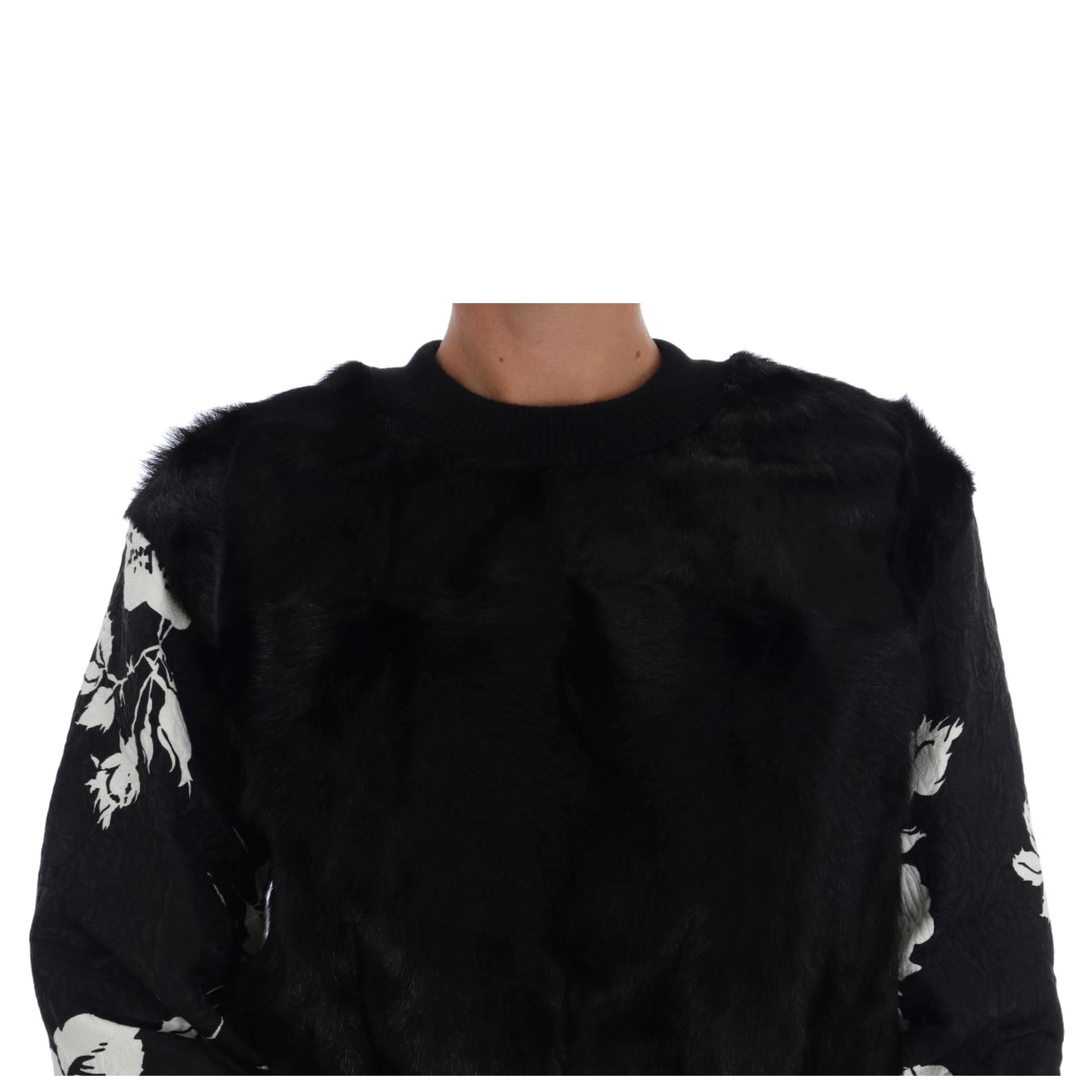 Black Fur Floral Brocade Zipper Sweater