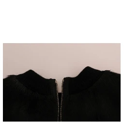 Black Fur Floral Brocade Zipper Sweater