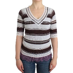 Striped Lace V-Neck Short Sleeve Top Sweater