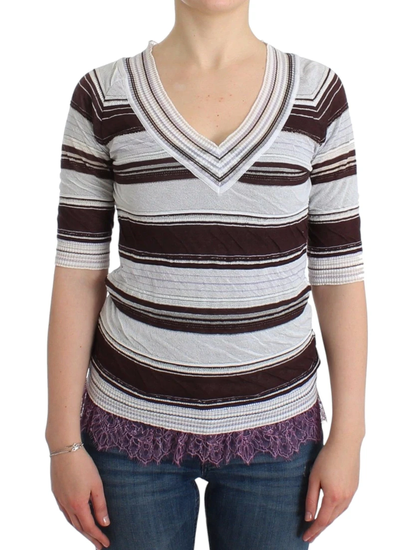 Striped Lace V-Neck Short Sleeve Top Sweater