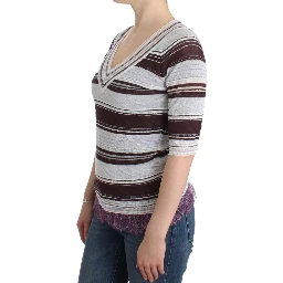 Striped Lace V-Neck Short Sleeve Top Sweater