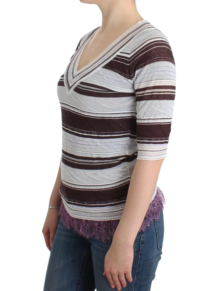 Striped Lace V-Neck Short Sleeve Top Sweater