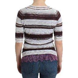 Striped Lace V-Neck Short Sleeve Top Sweater