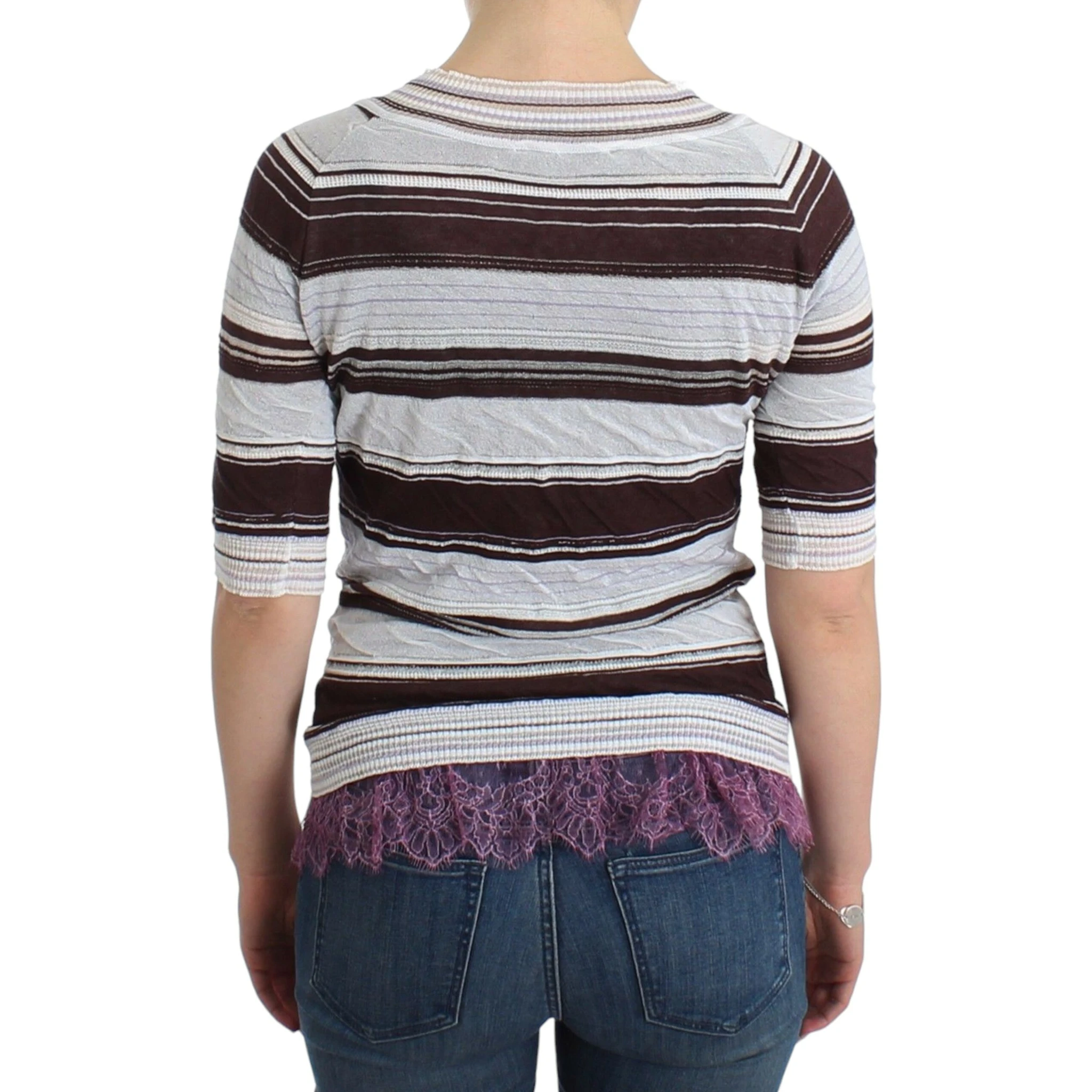 Striped Lace V-Neck Short Sleeve Top Sweater