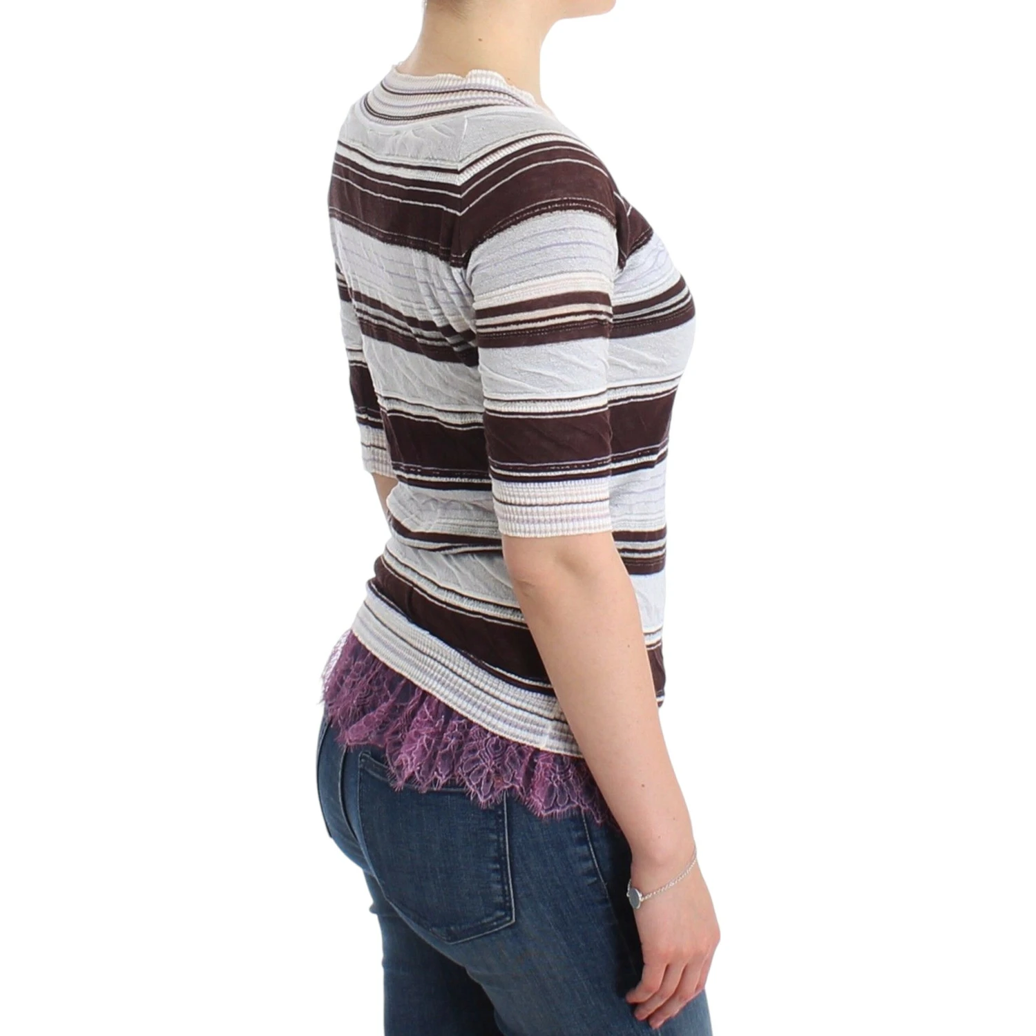 Striped Lace V-Neck Short Sleeve Top Sweater