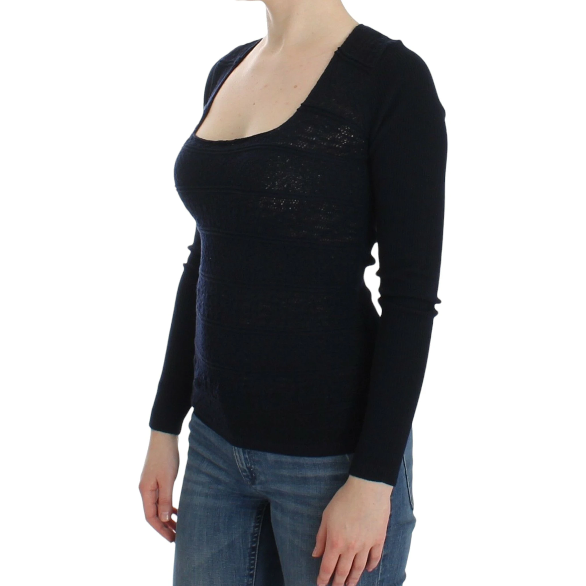 Women Knitted Wool Stretch Sweater Top In Blue