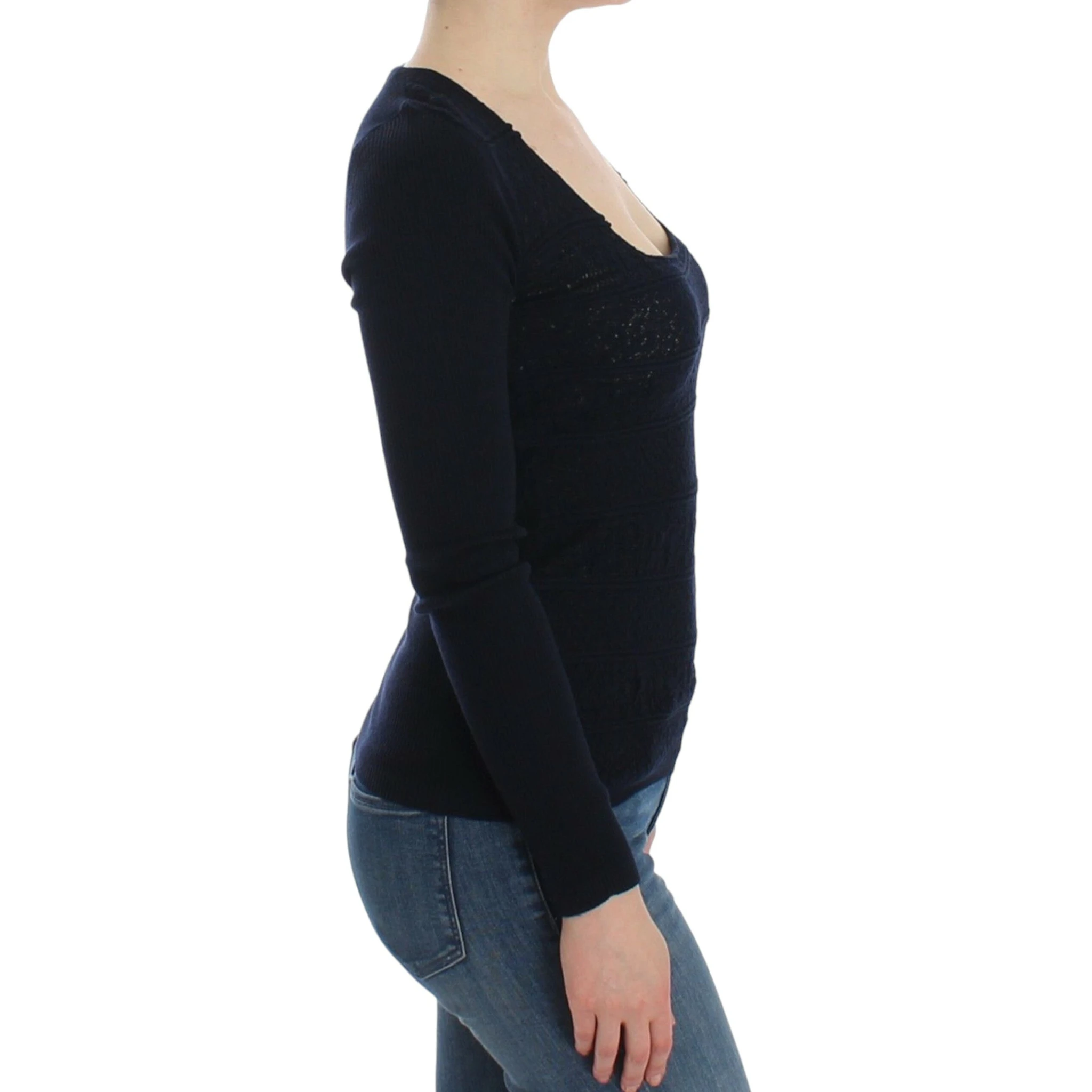 Women Knitted Wool Stretch Sweater Top In Blue