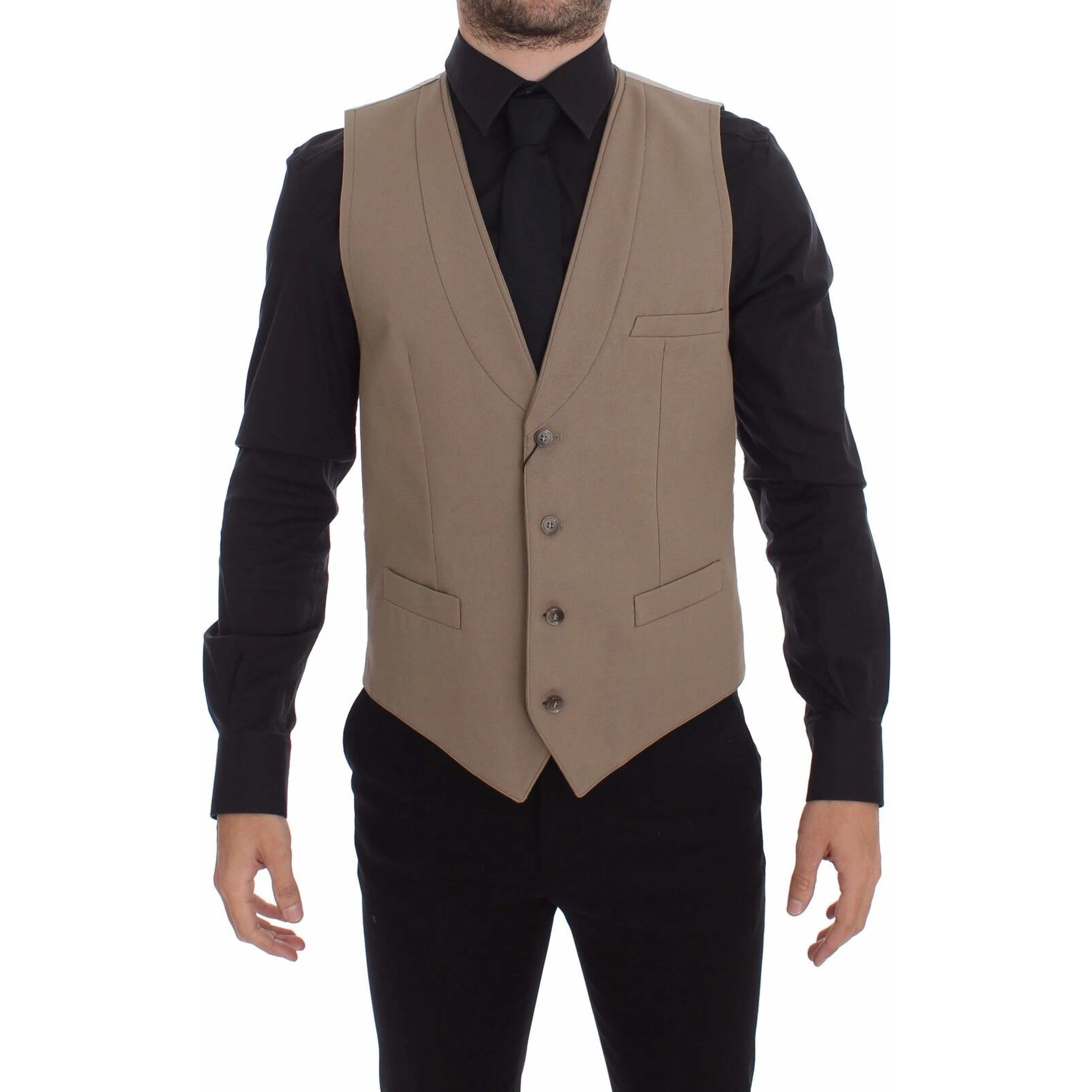 Beige Cotton Slim Fit Button Front Dress Vest
