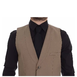 Beige Cotton Slim Fit Button Front Dress Vest