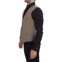 Beige Cotton Slim Fit Button Front Dress Vest