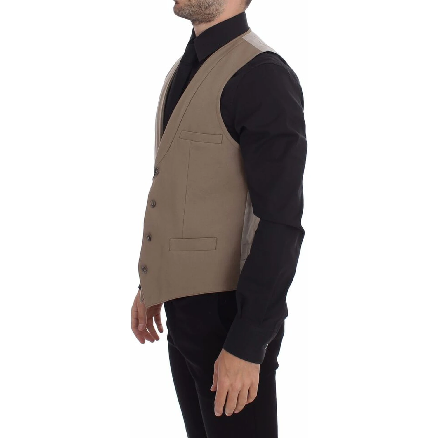 Beige Cotton Slim Fit Button Front Dress Vest