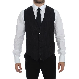 Black Striped Wool Single Breasted Vest