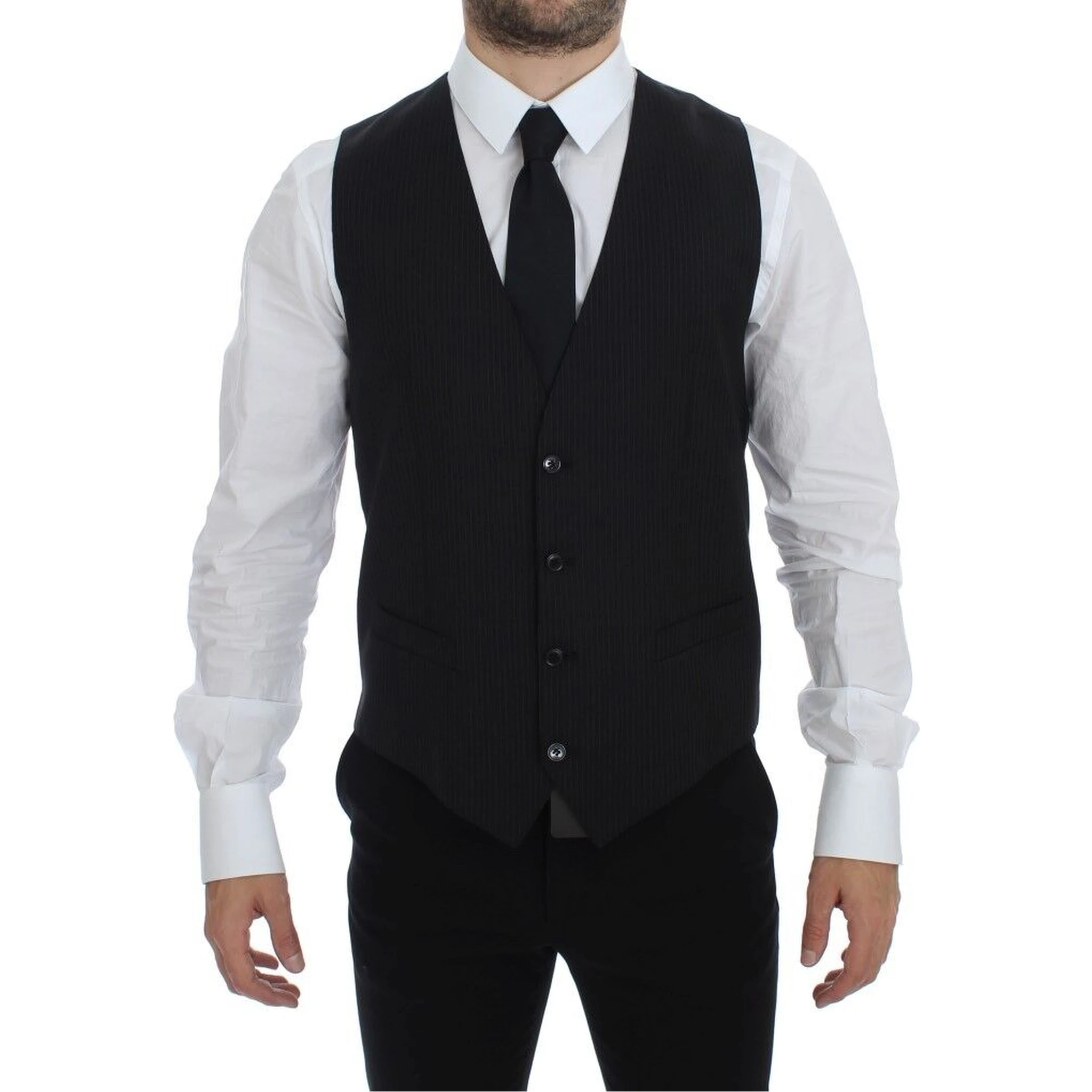 Black Striped Wool Single Breasted Vest