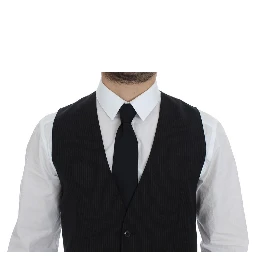 Black Striped Wool Single Breasted Vest