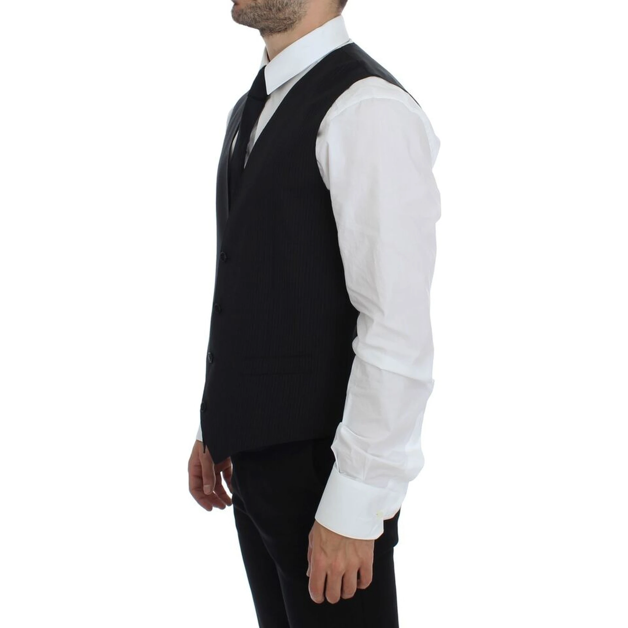 Black Striped Wool Single Breasted Vest