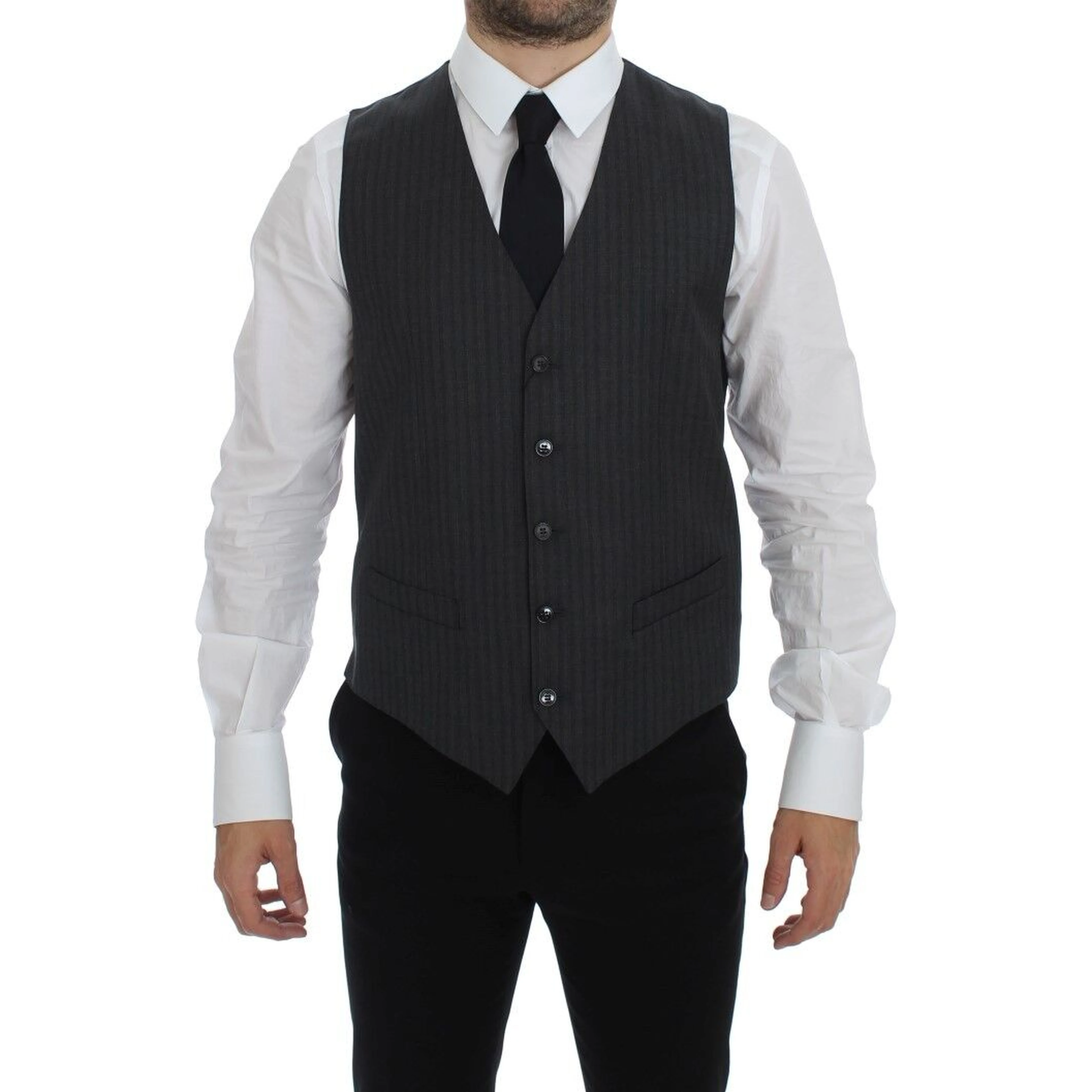 Gray Striped Wool Single Breasted Vest
