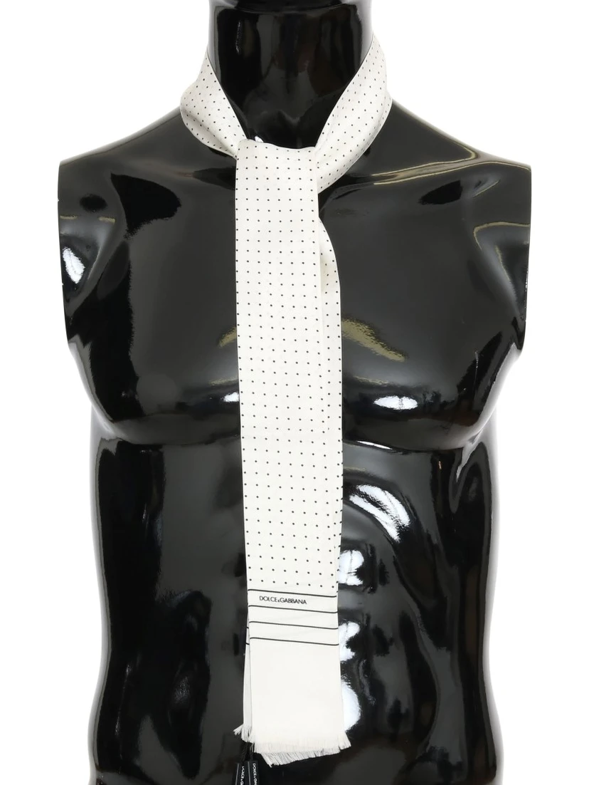 White Polka Dotted Silk Skinny Scarf