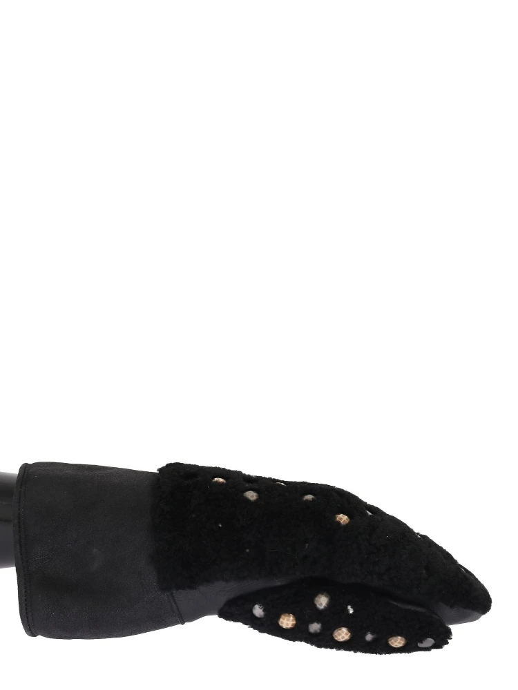 Black Leather Shearling Studded Gloves
