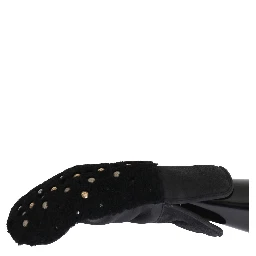 Black Leather Shearling Studded Gloves