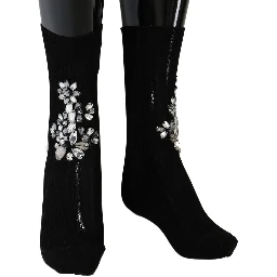 Black Knitted Floral Clear Crystal Socks