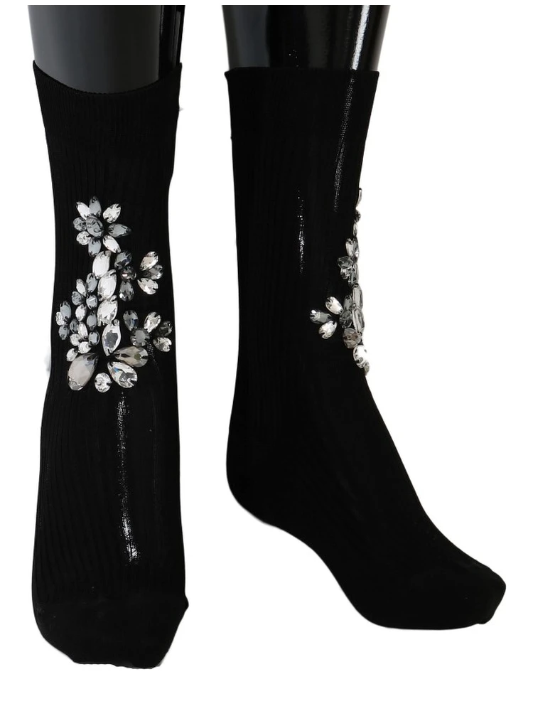 Black Knitted Floral Clear Crystal Socks