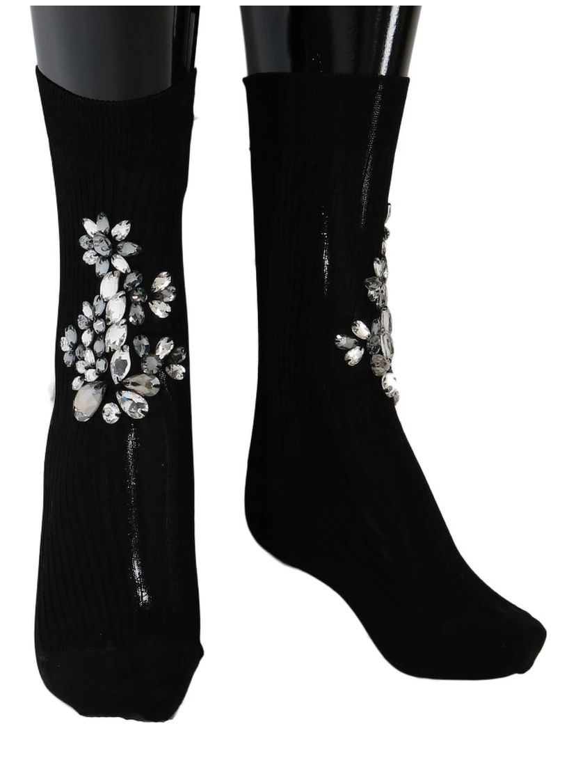 Black Knitted Floral Clear Crystal Socks