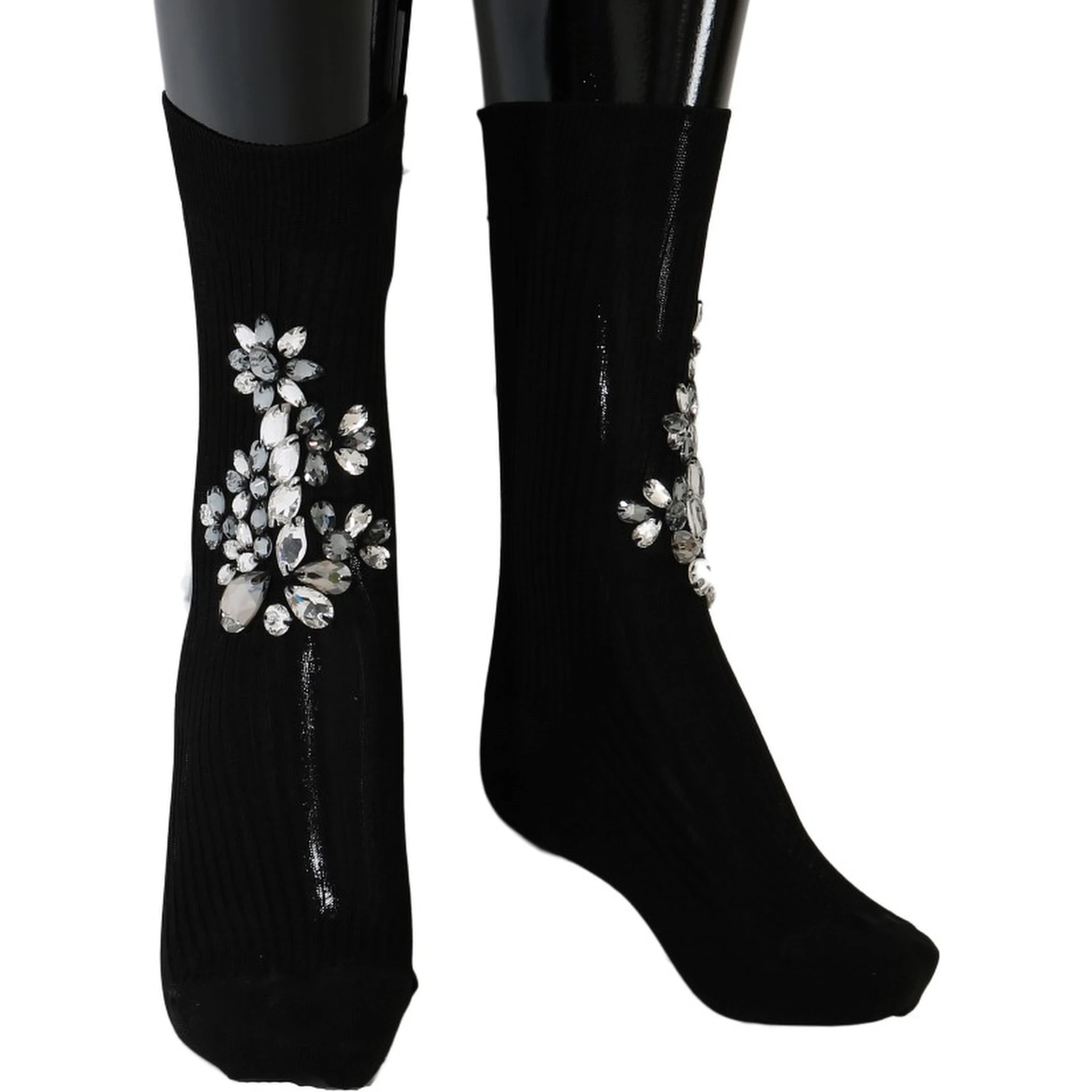 Black Knitted Floral Clear Crystal Socks