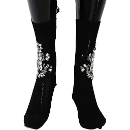 Black Knitted Floral Clear Crystal Socks