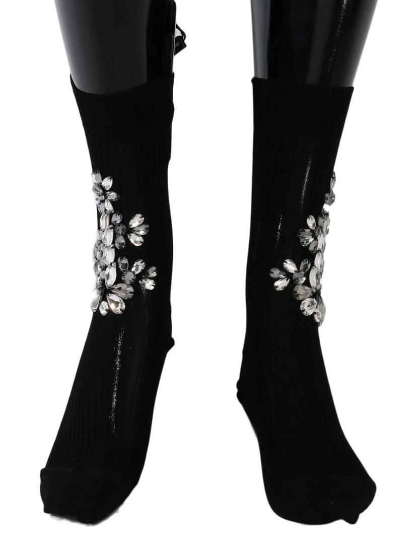 Black Knitted Floral Clear Crystal Socks