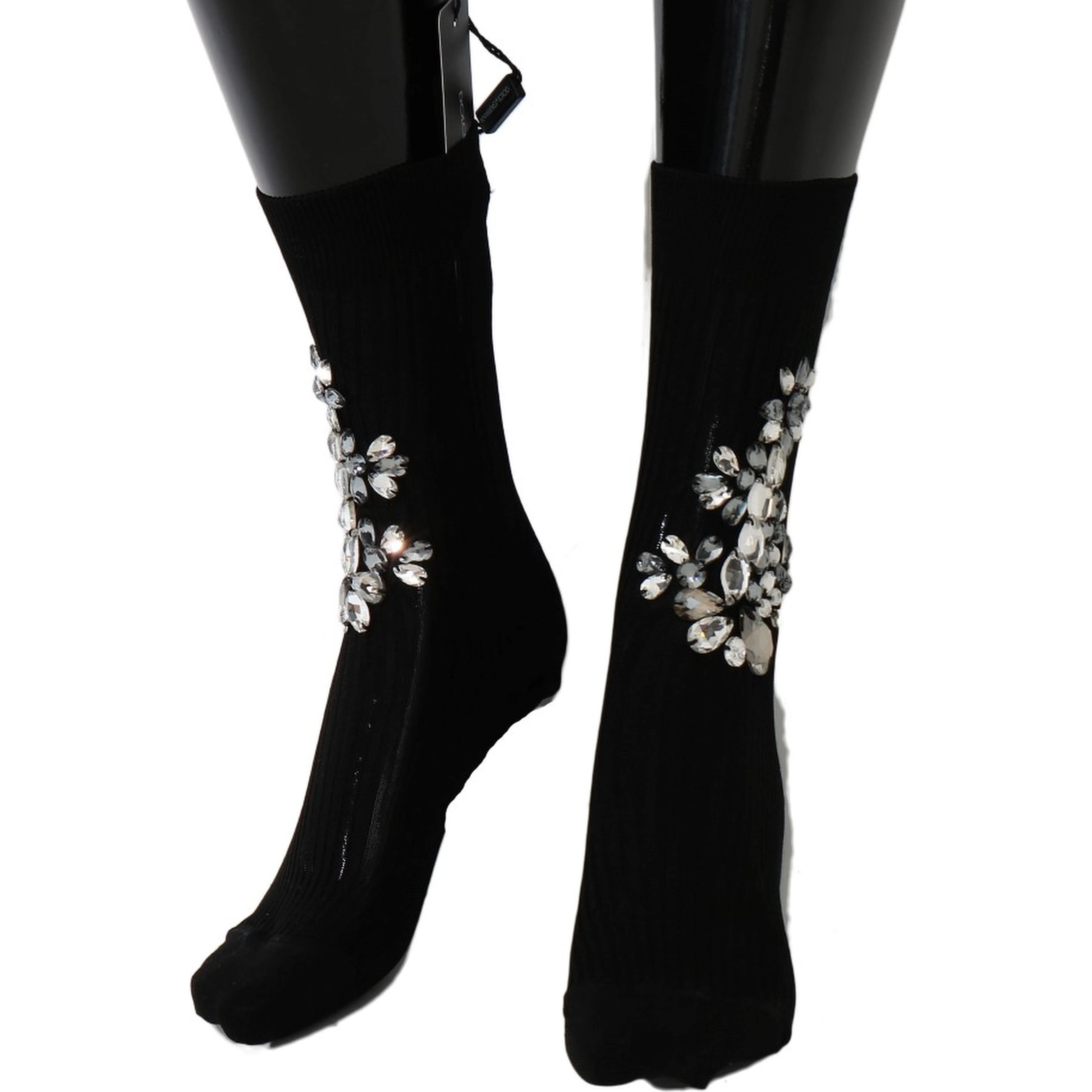 Black Knitted Floral Clear Crystal Socks