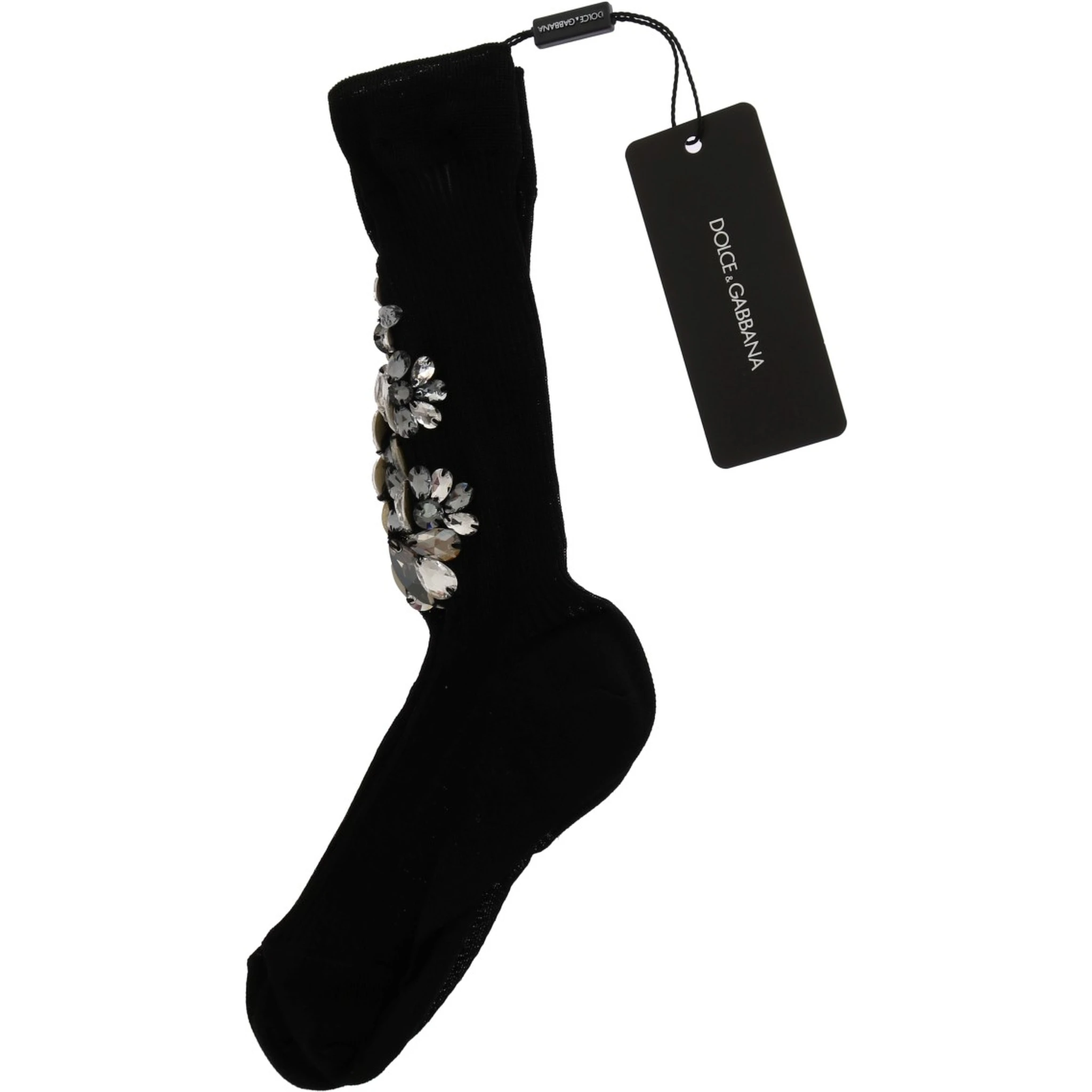 Black Knitted Floral Clear Crystal Socks