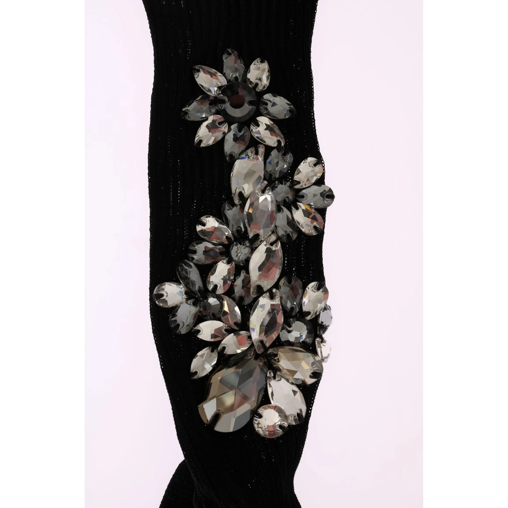 Black Knitted Floral Clear Crystal Socks