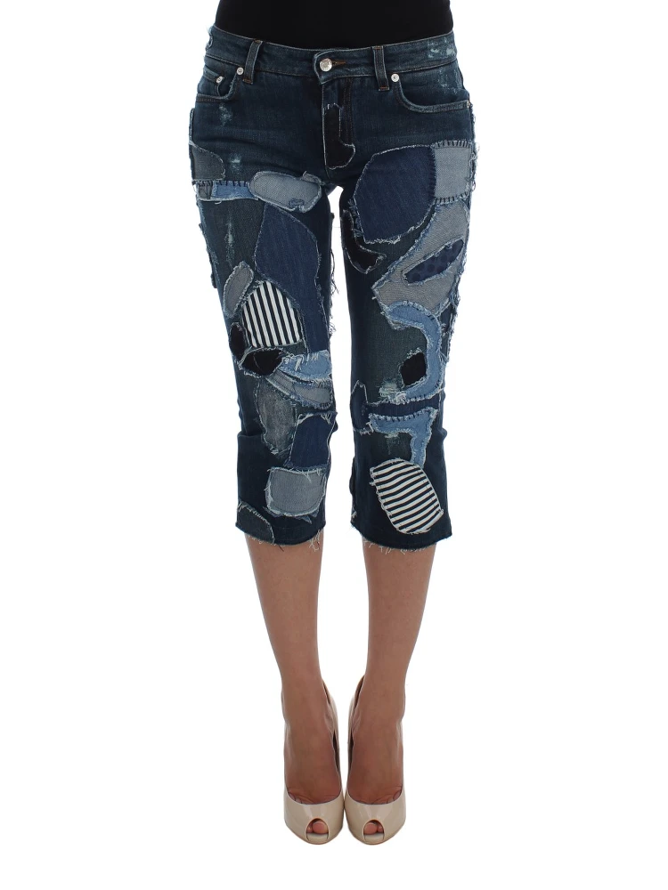 Stretch Blue Patchwork Jeans Shorts