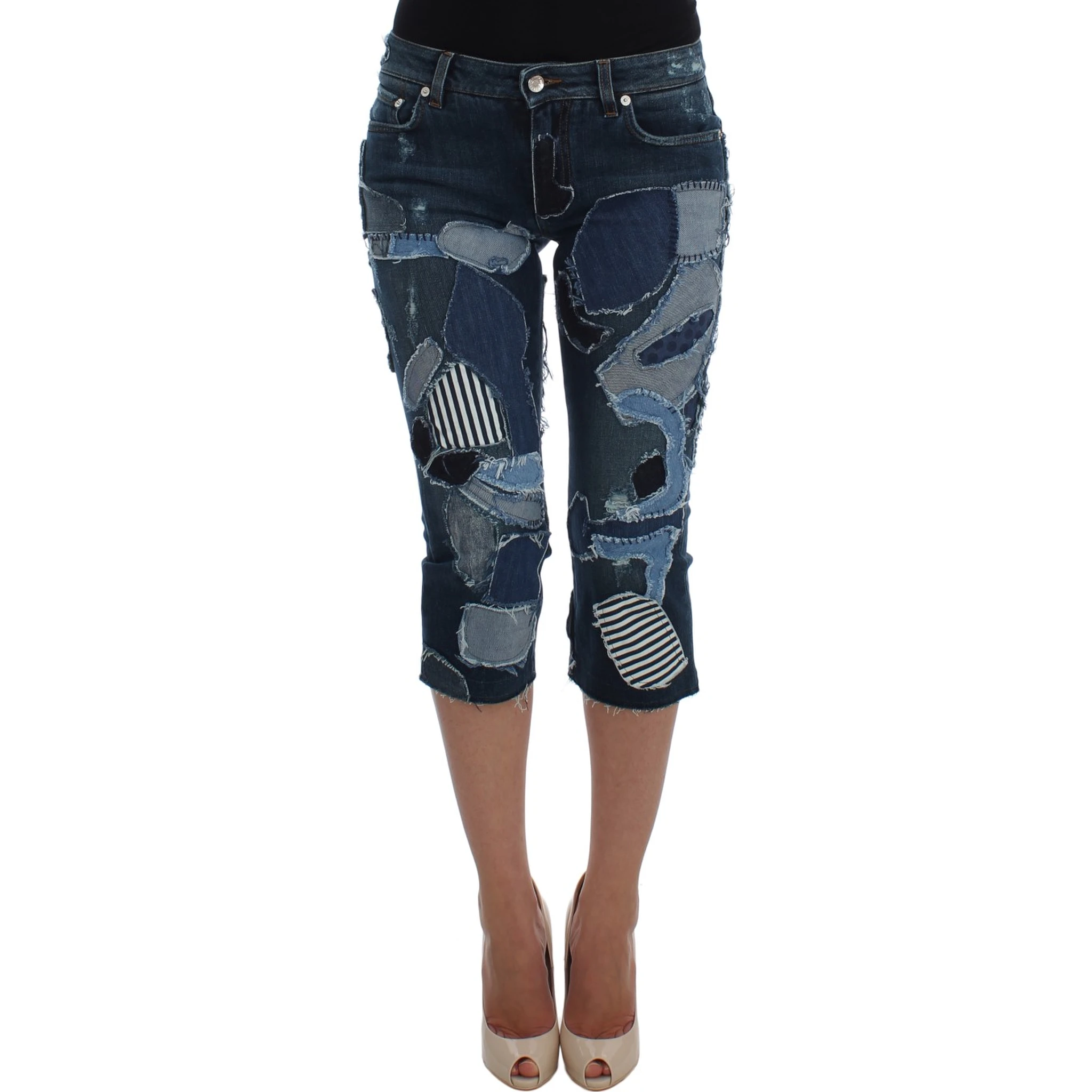 Stretch Blue Patchwork Jeans Shorts