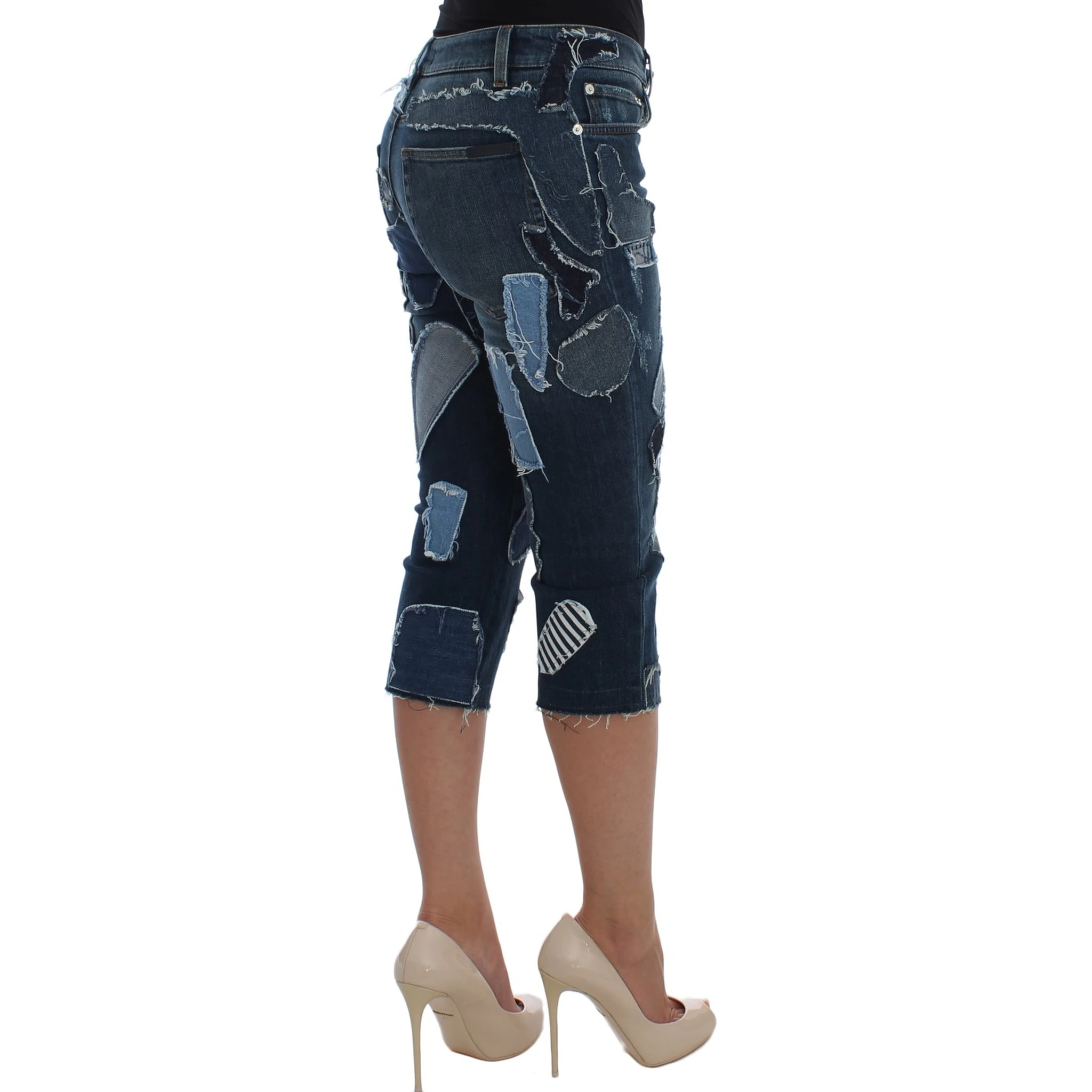 Stretch Blue Patchwork Jeans Shorts