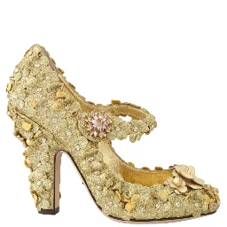 Gold Floral Crystal Mary Janes Pumps