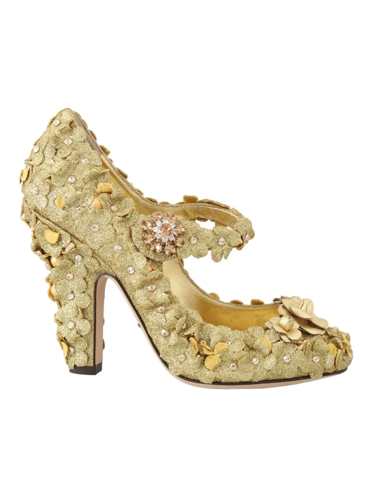 Gold Floral Crystal Mary Janes Pumps