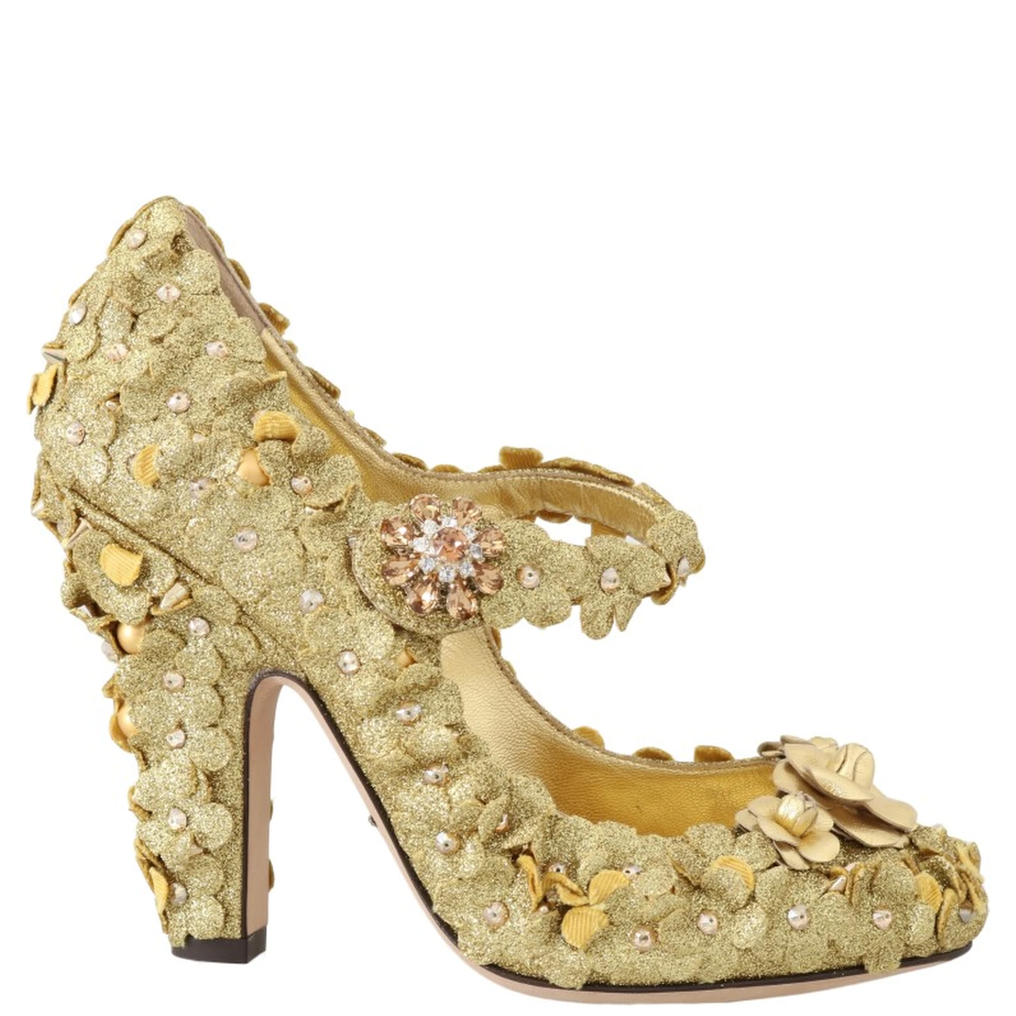Gold Floral Crystal Mary Janes Pumps