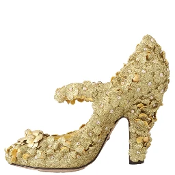 Gold Floral Crystal Mary Janes Pumps