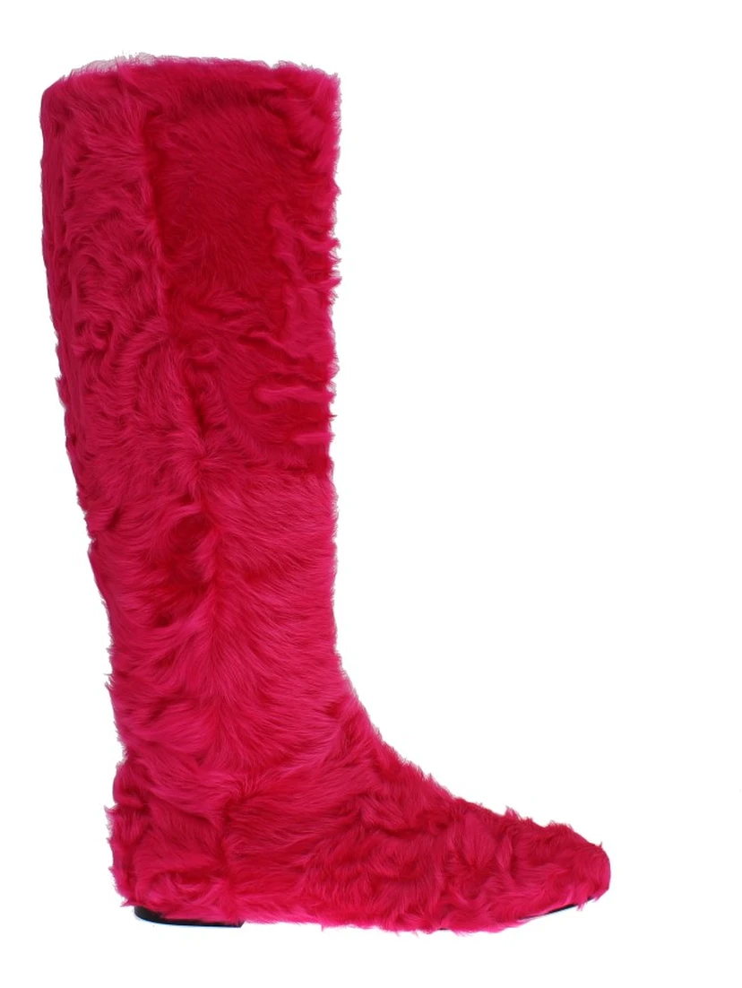 Pink Lamb Fur Leather Flat Boots