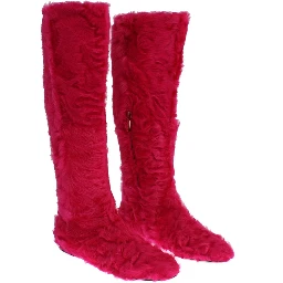 Pink Lamb Fur Leather Flat Boots