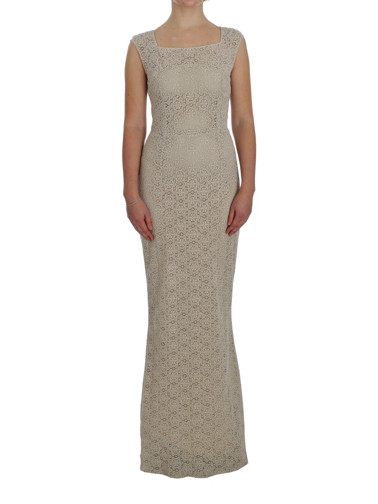 Beige Ricamo Cutout Cotton Sheath Dress