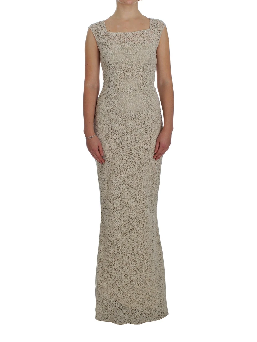 Beige Ricamo Cutout Cotton Sheath Dress