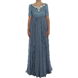 Blue Silk Crystal Sheath Gown Ball Dress