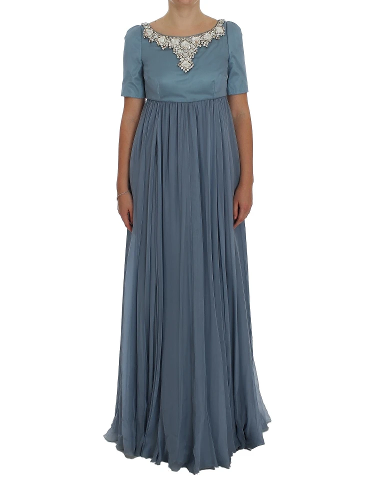 Blue Silk Crystal Sheath Gown Ball Dress